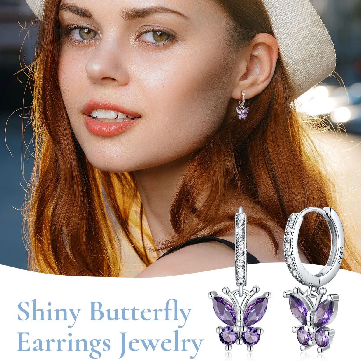 Sterling Silver & AAA+ Cubic Zriconia ChicSilver Hypoallergenic Butterfly Birthstone Hoop Dangle Earrings 
