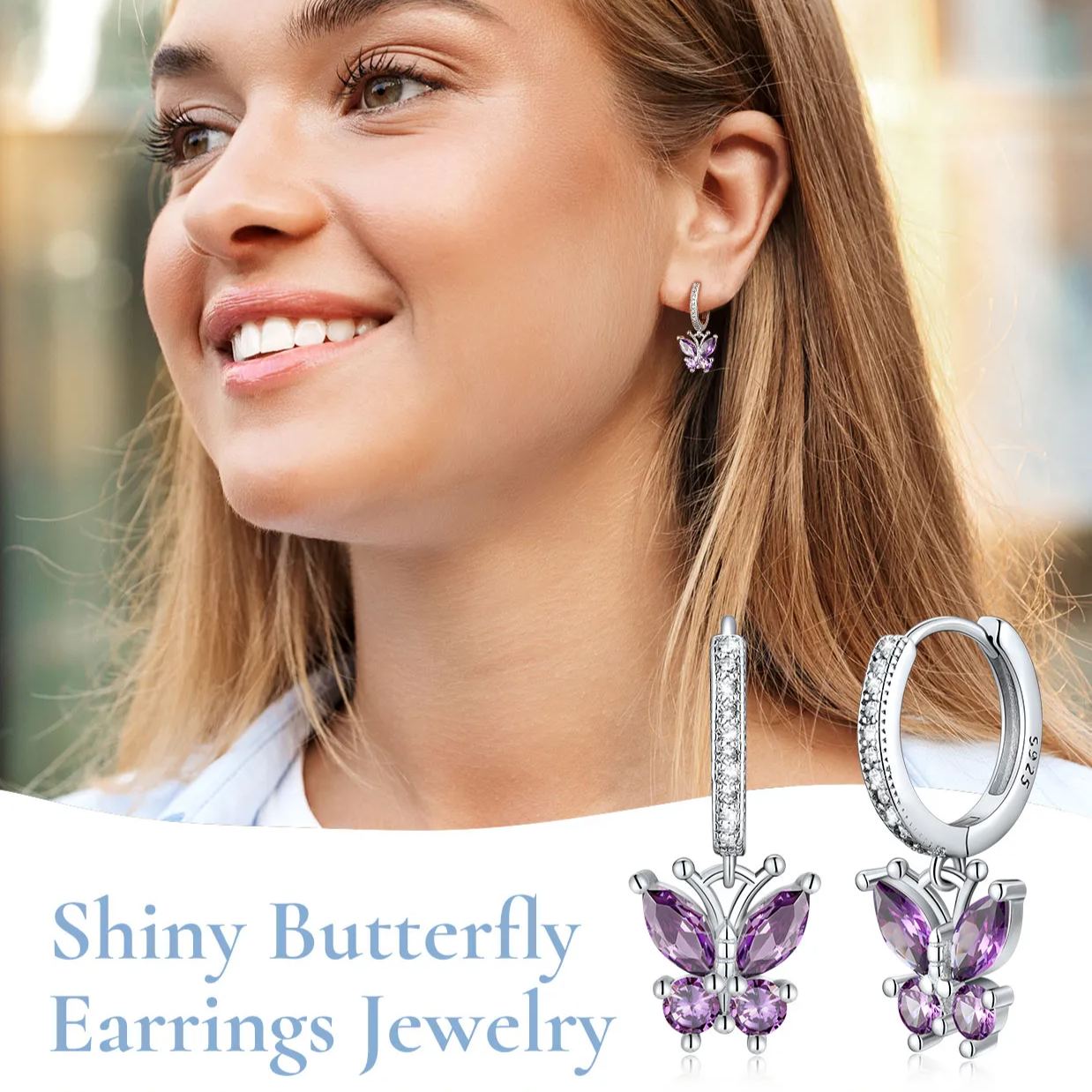 Sterling Silver & AAA+ Cubic Zriconia ChicSilver Hypoallergenic Butterfly Birthstone Hoop Dangle Earrings 