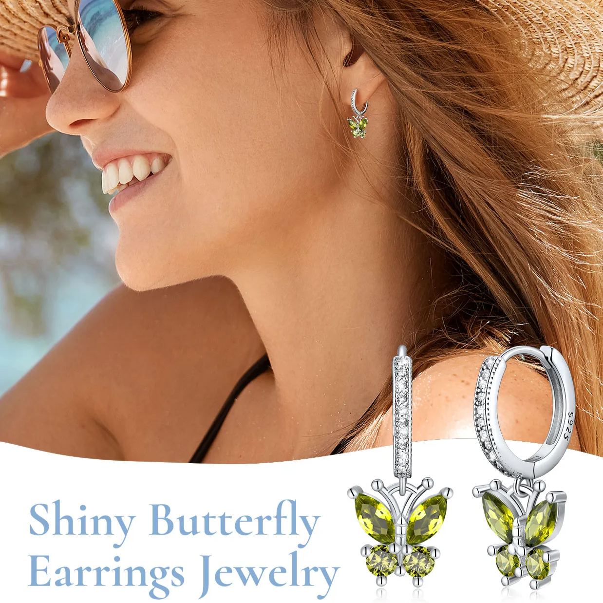 Sterling Silver & AAA+ Cubic Zriconia ChicSilver Hypoallergenic Butterfly Birthstone Hoop Dangle Earrings 