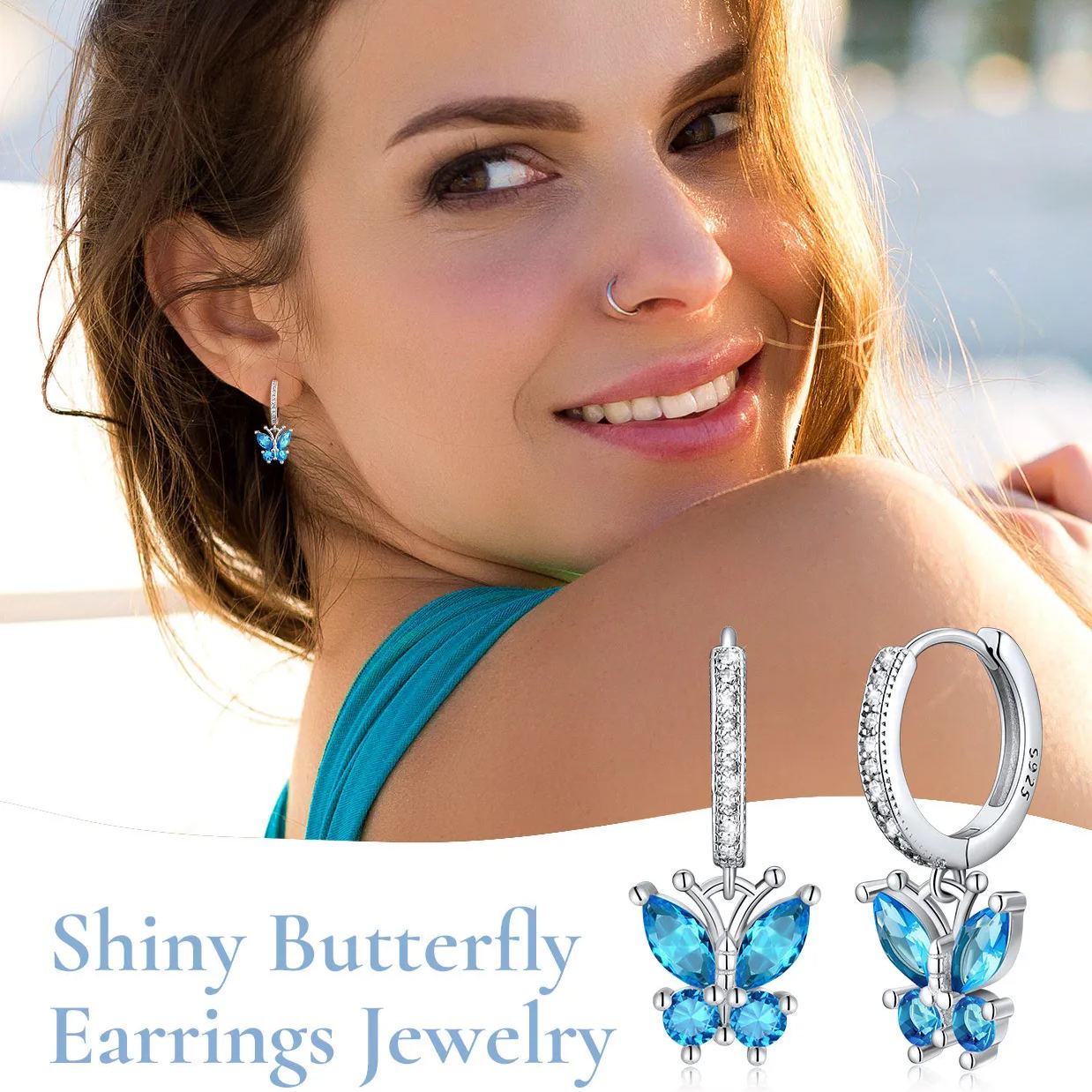 Sterling Silver & AAA+ Cubic Zriconia ChicSilver Hypoallergenic Butterfly Birthstone Hoop Dangle Earrings 