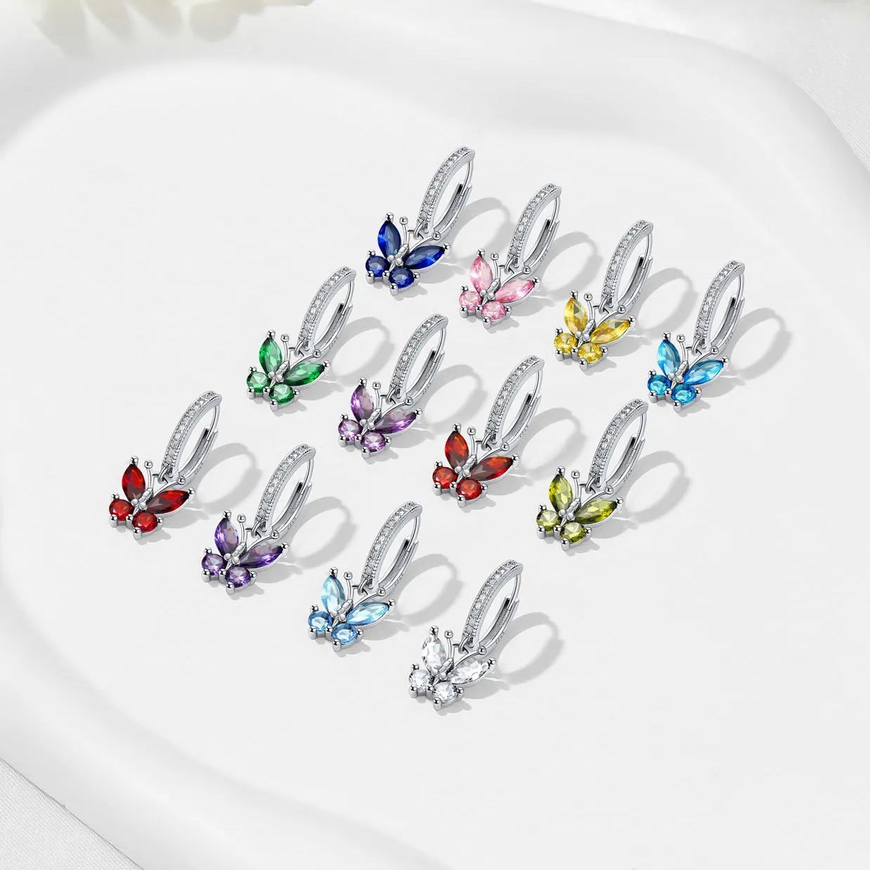 Hypoallergenic Butterfly Birthstone Hoop Dangle Earrings  in Different Month Colors