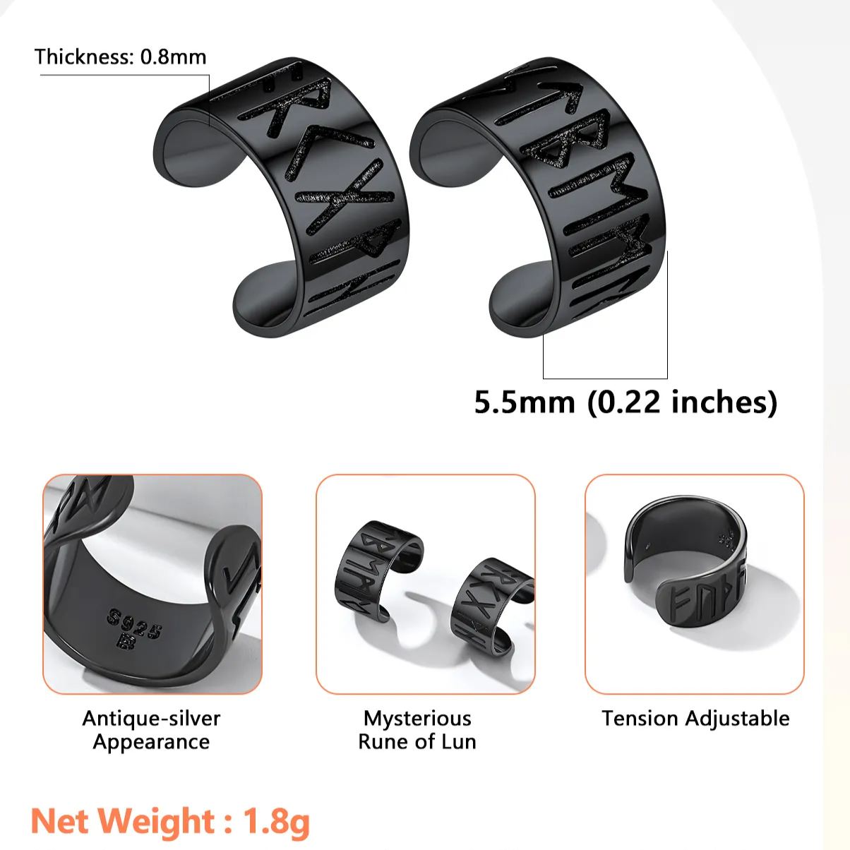 Viking Runes Cuff Earrings Details: Dimensions, Hypoallergenic, Clip On