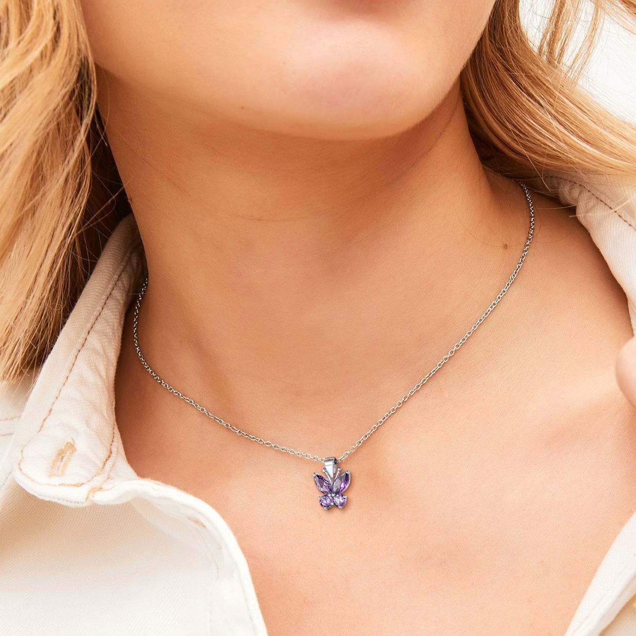 Cute Sparkle Cubic Zirconia Birthstone Butterfly Necklace for Women, Ladies,  girlfriend, wife