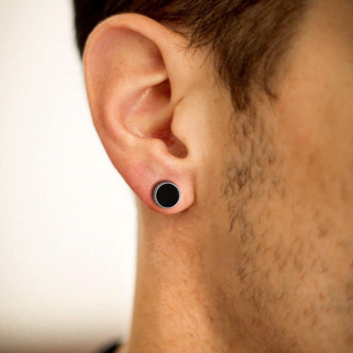 Black Onyx with Viking Rune Stud Earrings for Men