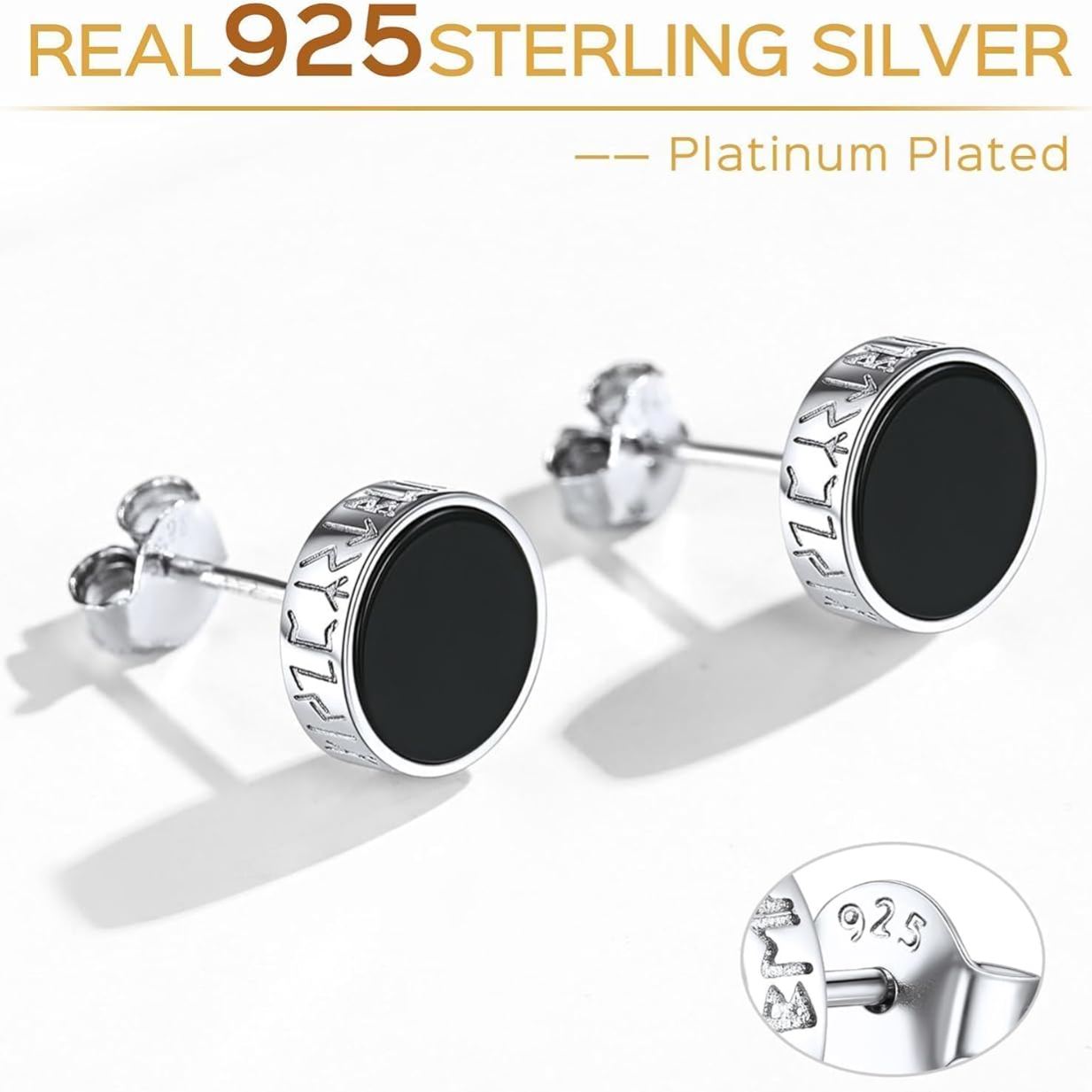 Sterling Silver Black Onyx with Viking Rune Stud Earrings