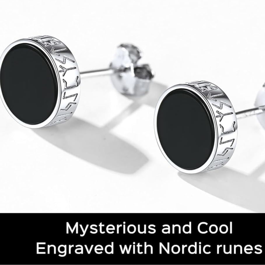 Black Onyx with Viking Rune Stud Earrings in Different Style