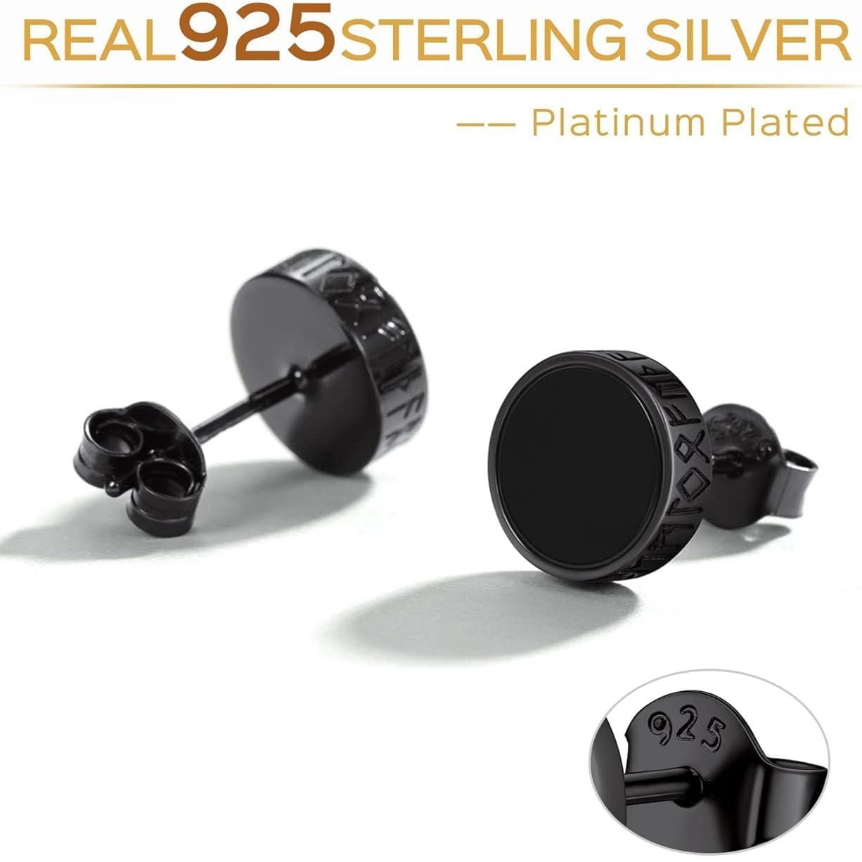 Sterling Silver Black Onyx with Viking Rune Stud Earrings