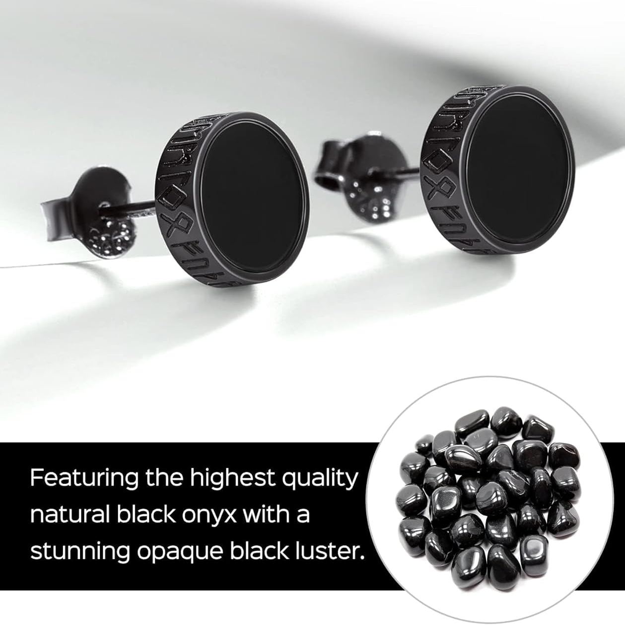 Natural Black Onyx with Viking Rune Stud Earrings