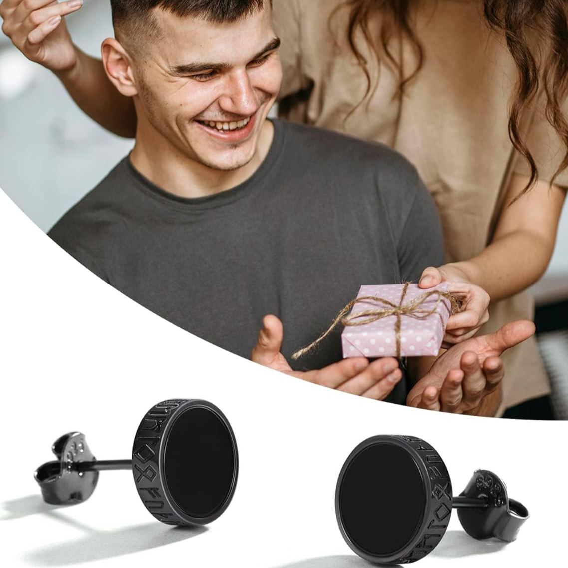 Black Onyx with Viking Rune Stud Earrings for Men, memorial gift
