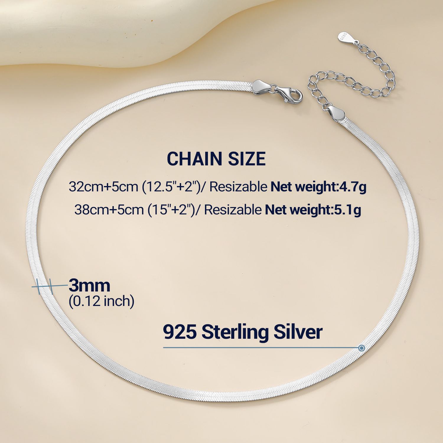 Sterling Silver ChicSilver 3mm Herringbone Flat Snake Chain Choker Necklace Details: Dimensions, Hypoallergenic, Lobster-Claw-Clasps