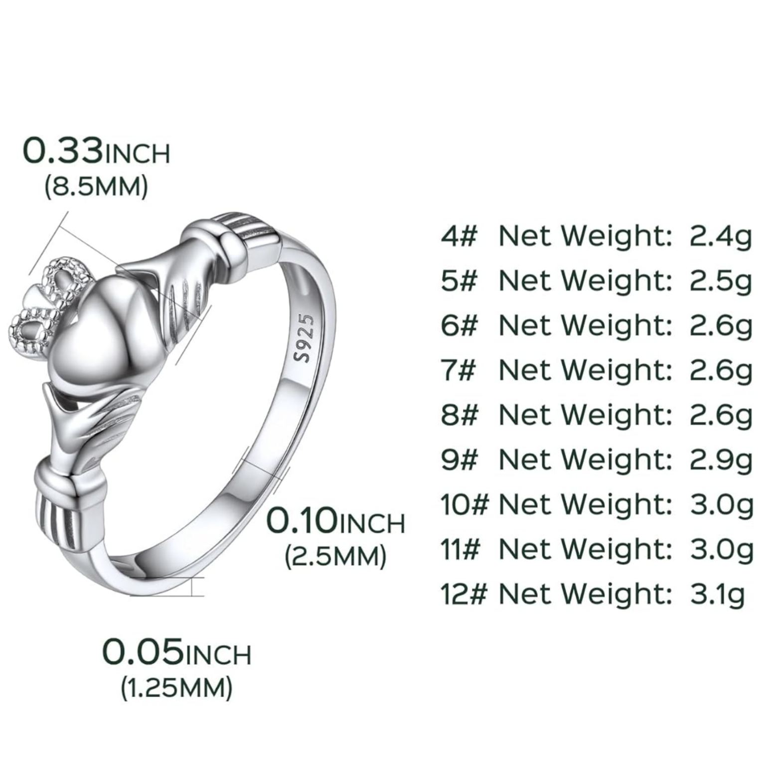 Irish Heart Claddagh Rings for Women & Men Details: Dimensions, Hypoallergenic, US Size: 4/5/6/7/8/9/10/11/12