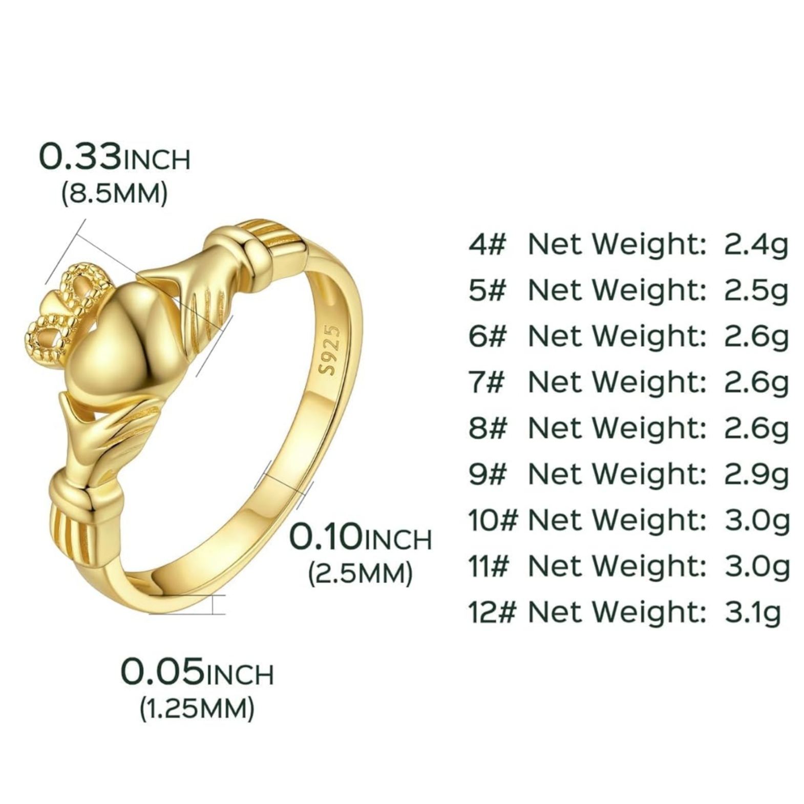 Irish Heart Claddagh Rings for Women & Men Details: Dimensions, Hypoallergenic, US Size: 4/5/6/7/8/9/10/11/12