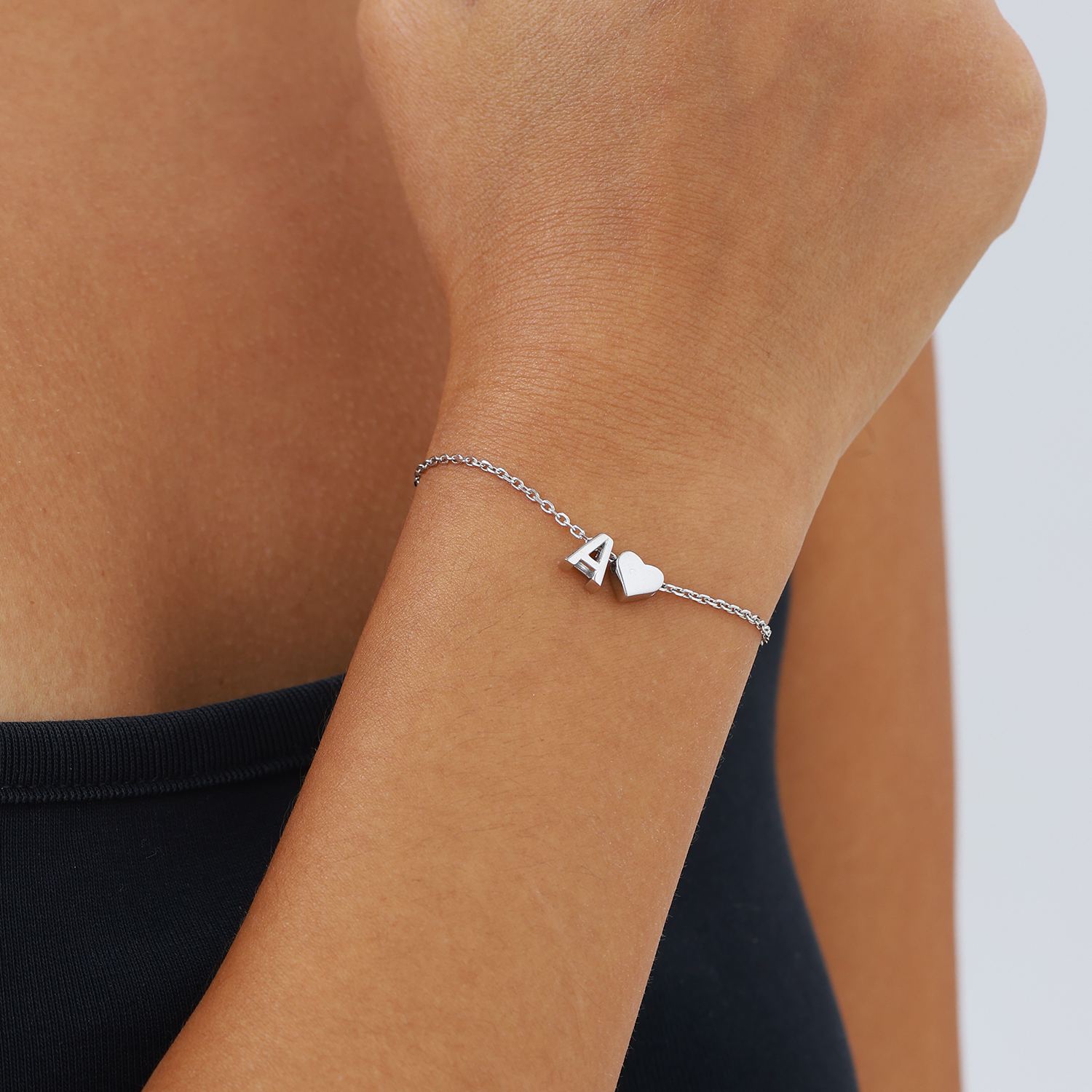 Classic Initial Letters with Heart Bracelet, sterling silver jewlery, initial bracelet, gift idea