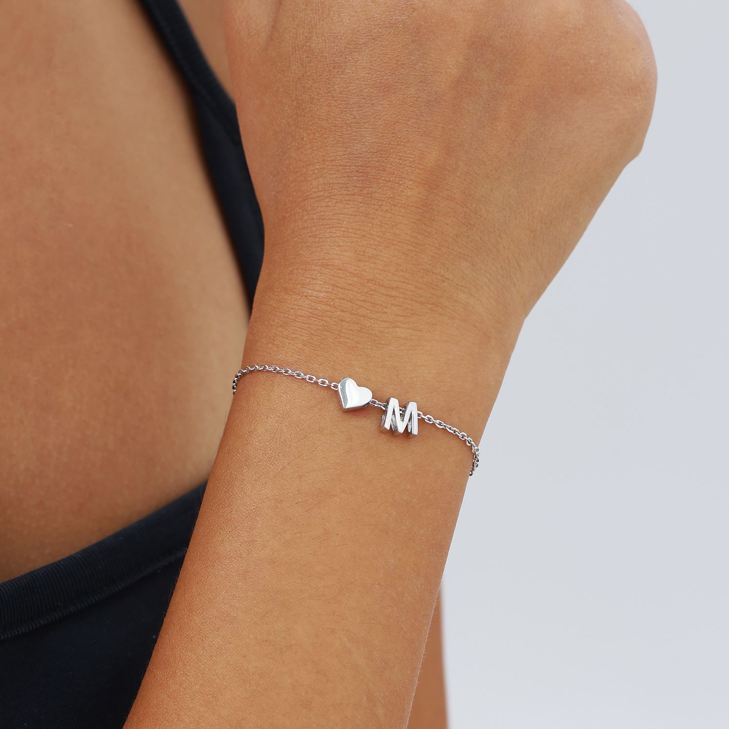 Classic Initial Letters with Heart Bracelet for Women, Ladies, Couples, girlfriend, wife, sterling silver jewlery, initial bracelet, gift idea