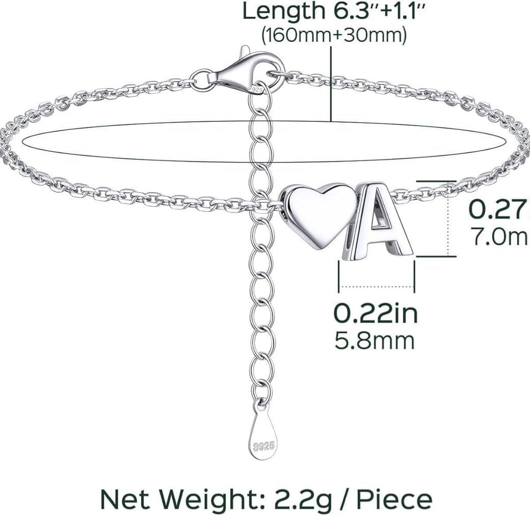 Classic Initial Letters with Heart Bracelet, sterling silver jewlery, initial bracelet, gift idea, Details: Dimensions, Hypoallergenic, Lobster-Claw-Clasps