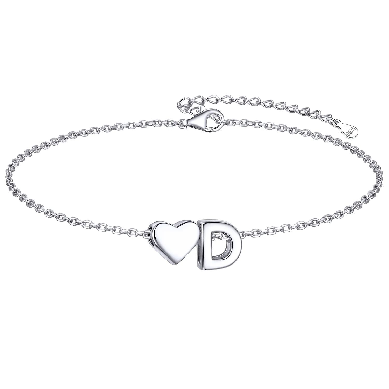 Classic Initial Letters D with Heart Bracelet, sterling silver jewlery, initial bracelet, gift idea