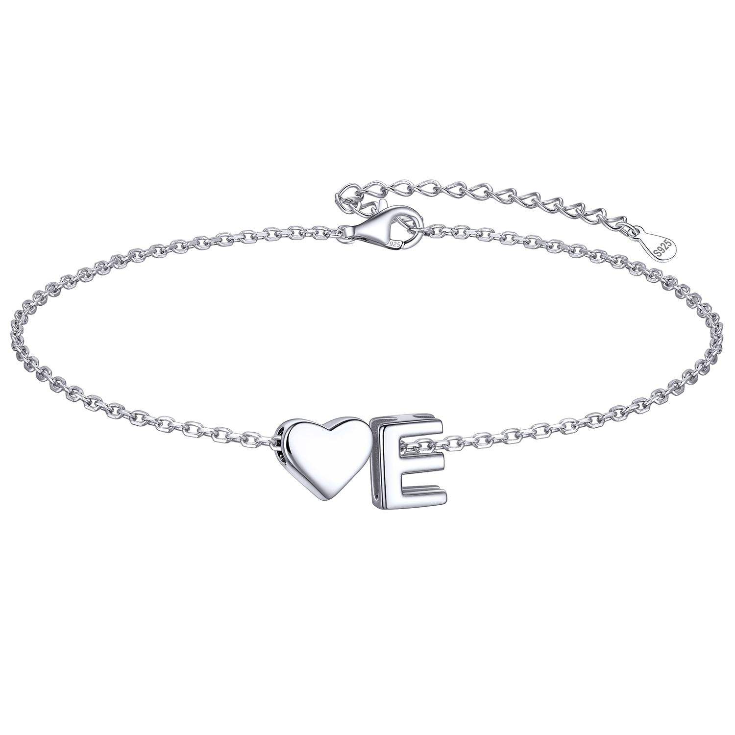 Classic Initial Letters E with Heart Bracelet, sterling silver jewlery, initial bracelet, gift idea