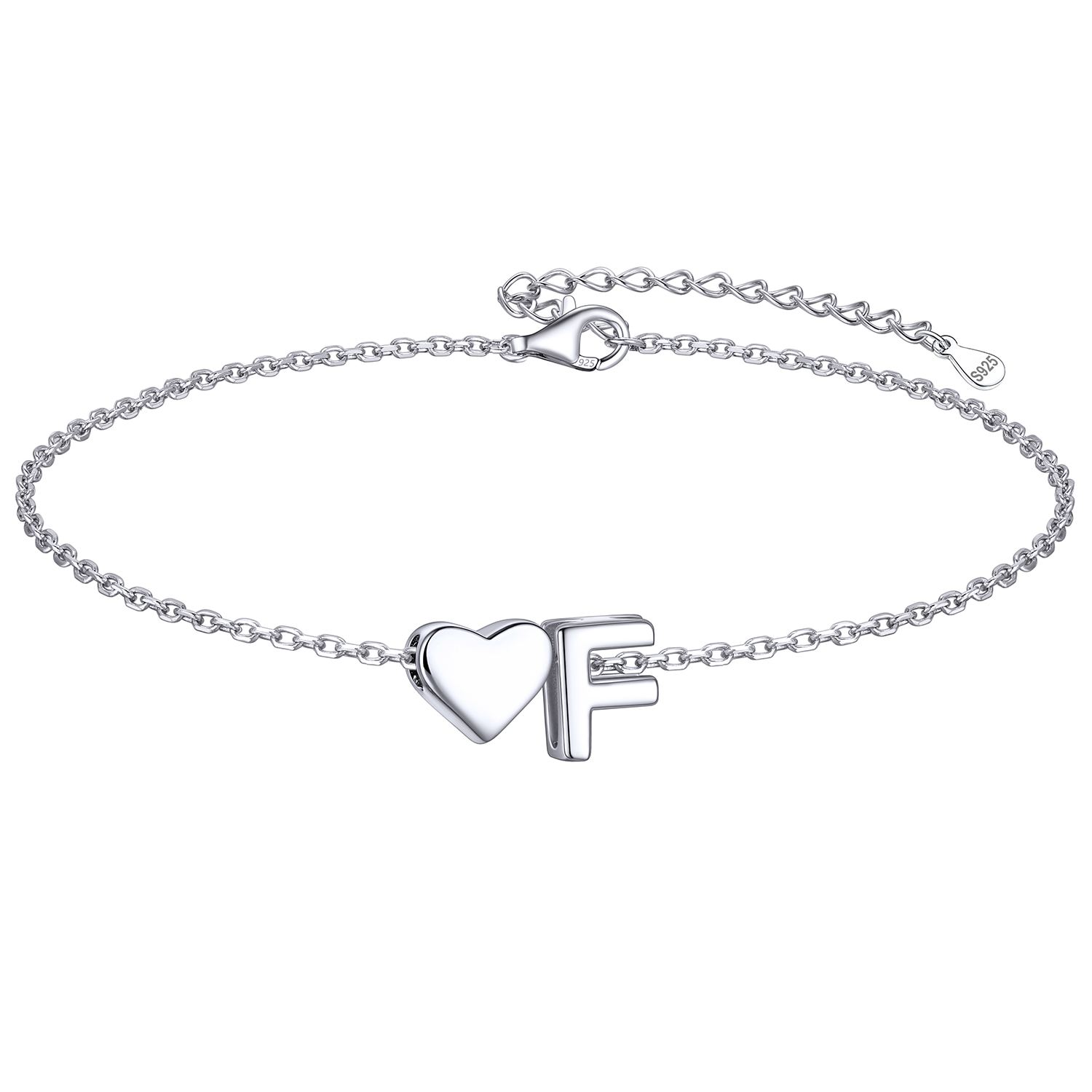 Classic Initial Letters F with Heart Bracelet, sterling silver jewlery, initial bracelet, gift idea