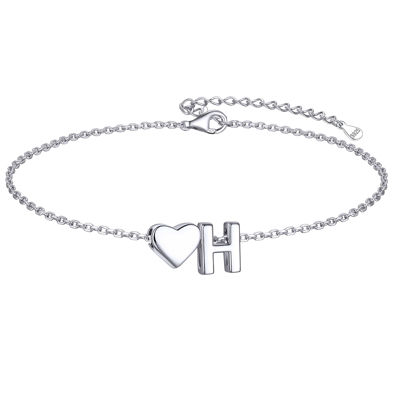 Classic Initial Letters H with Heart Bracelet, sterling silver jewlery, initial bracelet, gift idea
