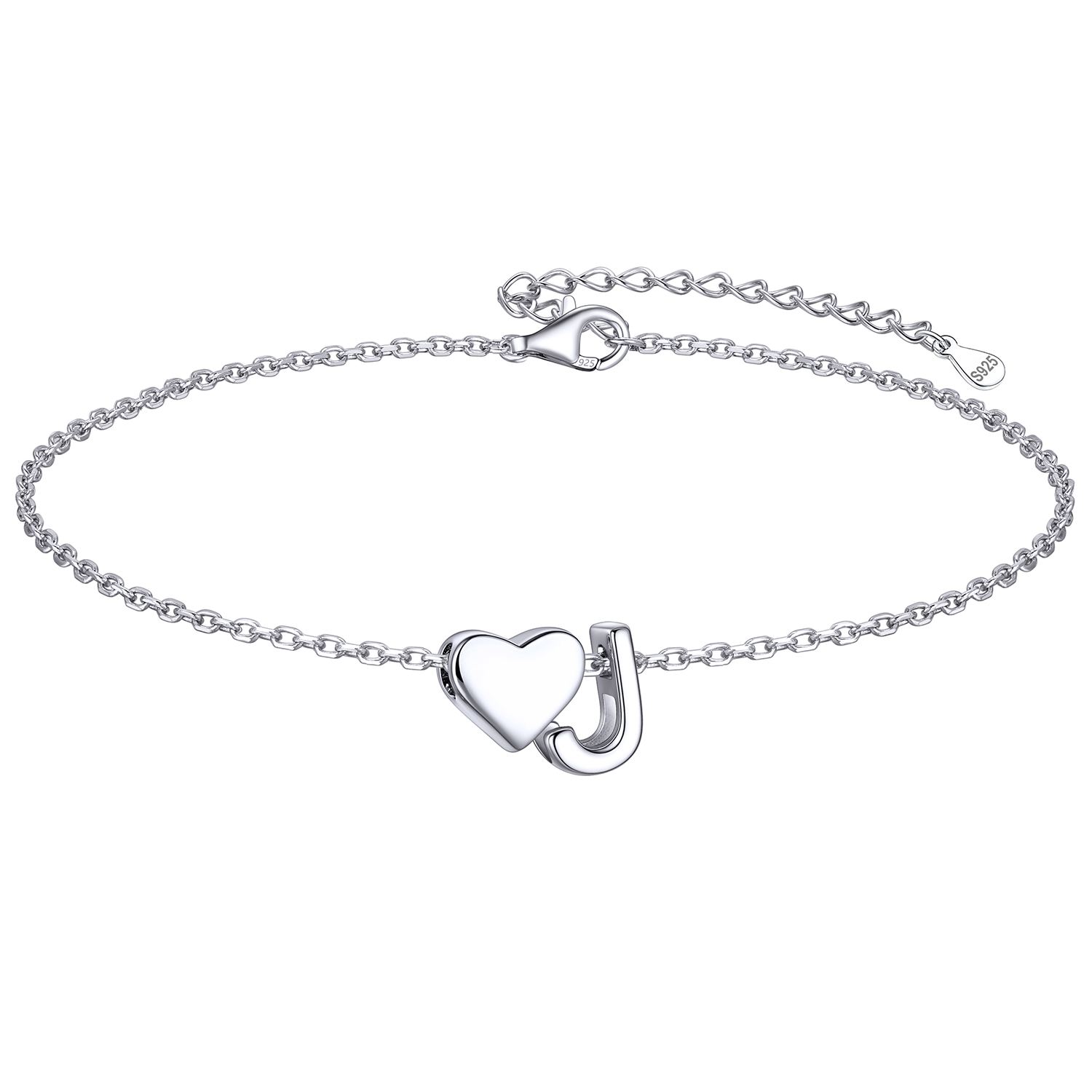 Classic Initial Letters J with Heart Bracelet, sterling silver jewlery, initial bracelet, gift idea