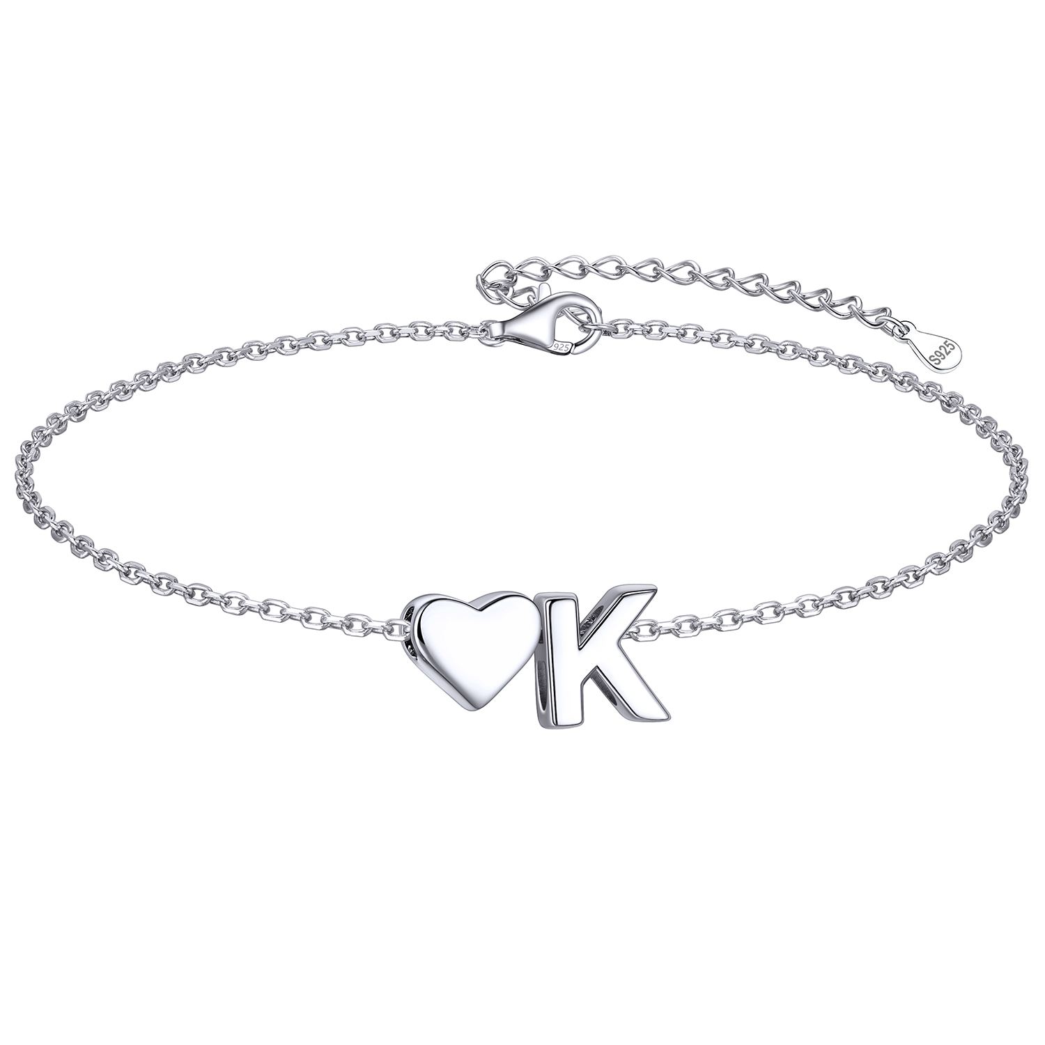 Classic Initial Letters K with Heart Bracelet, sterling silver jewlery, initial bracelet, gift idea