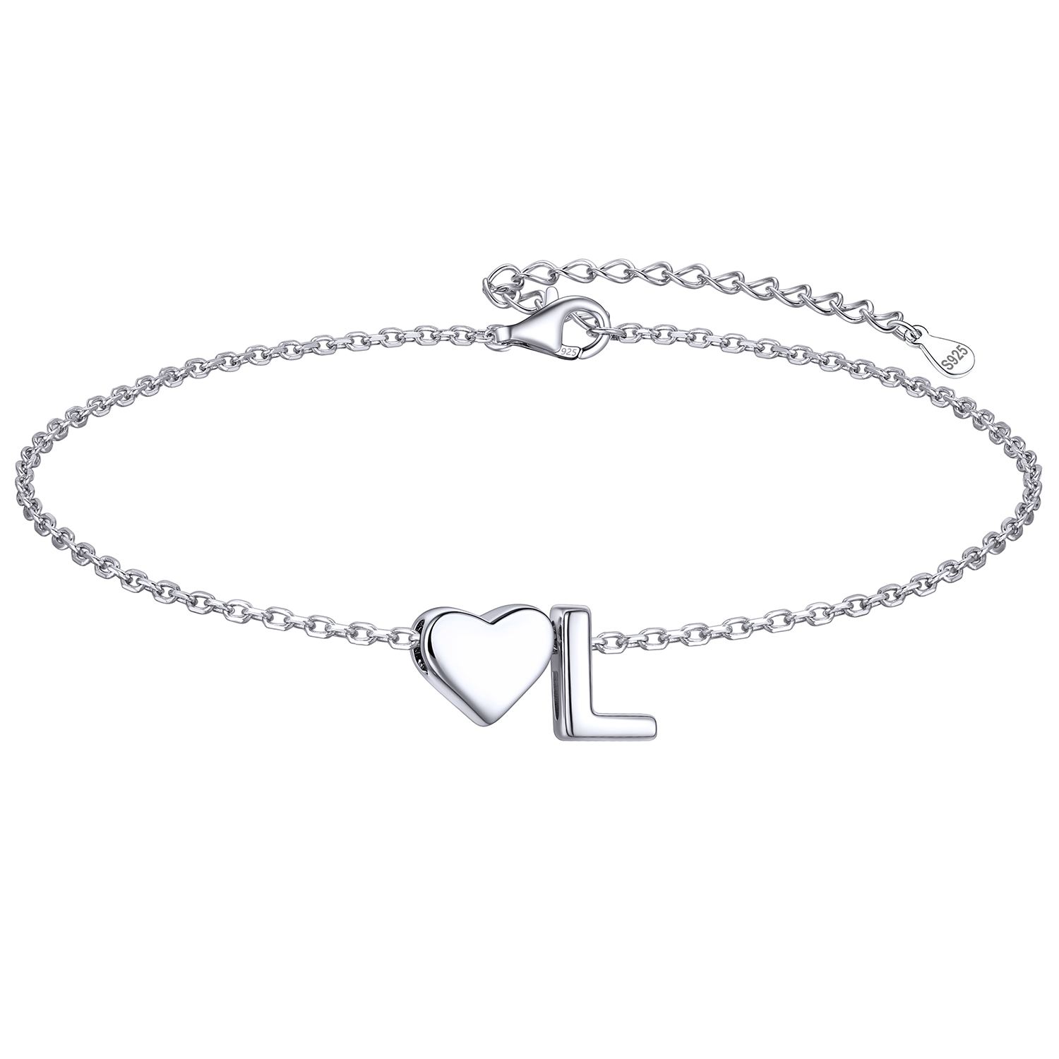 Classic Initial Letters L with Heart Bracelet, sterling silver jewlery, initial bracelet, gift idea
