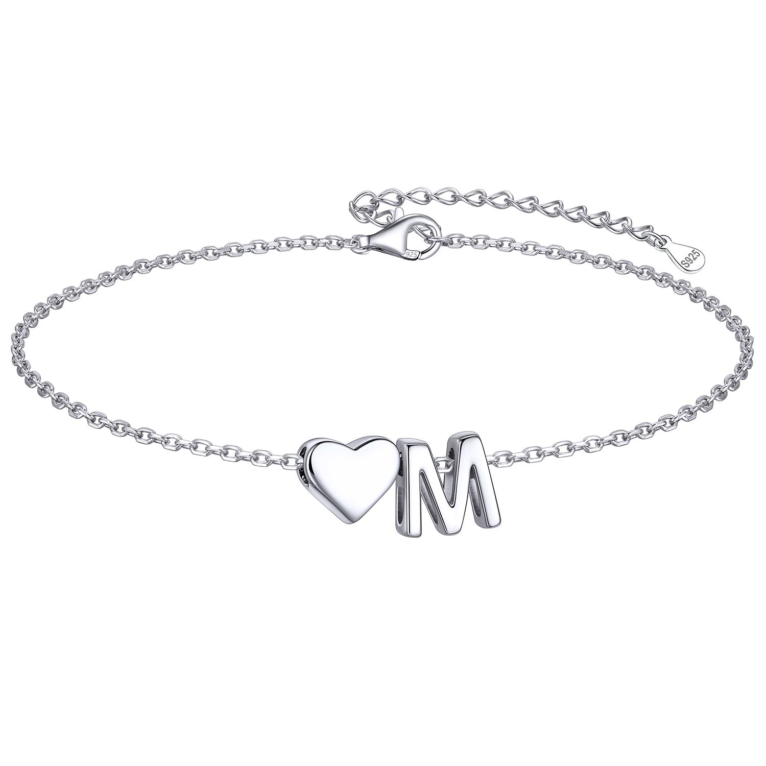 Classic Initial Letters M with Heart Bracelet, sterling silver jewlery, initial bracelet, gift idea