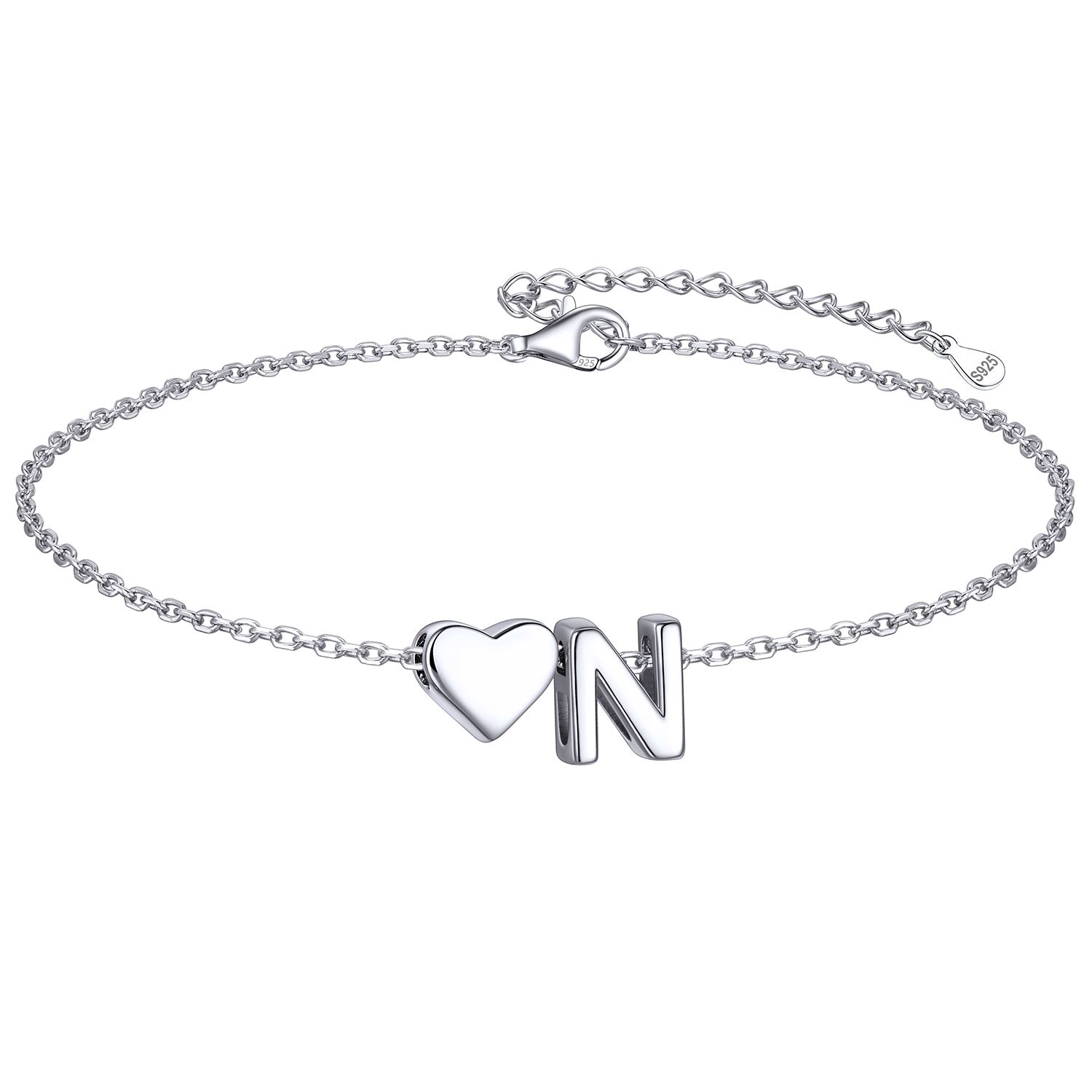 Sterling Silver Classic Initial Letters with Heart Bracelet for Women