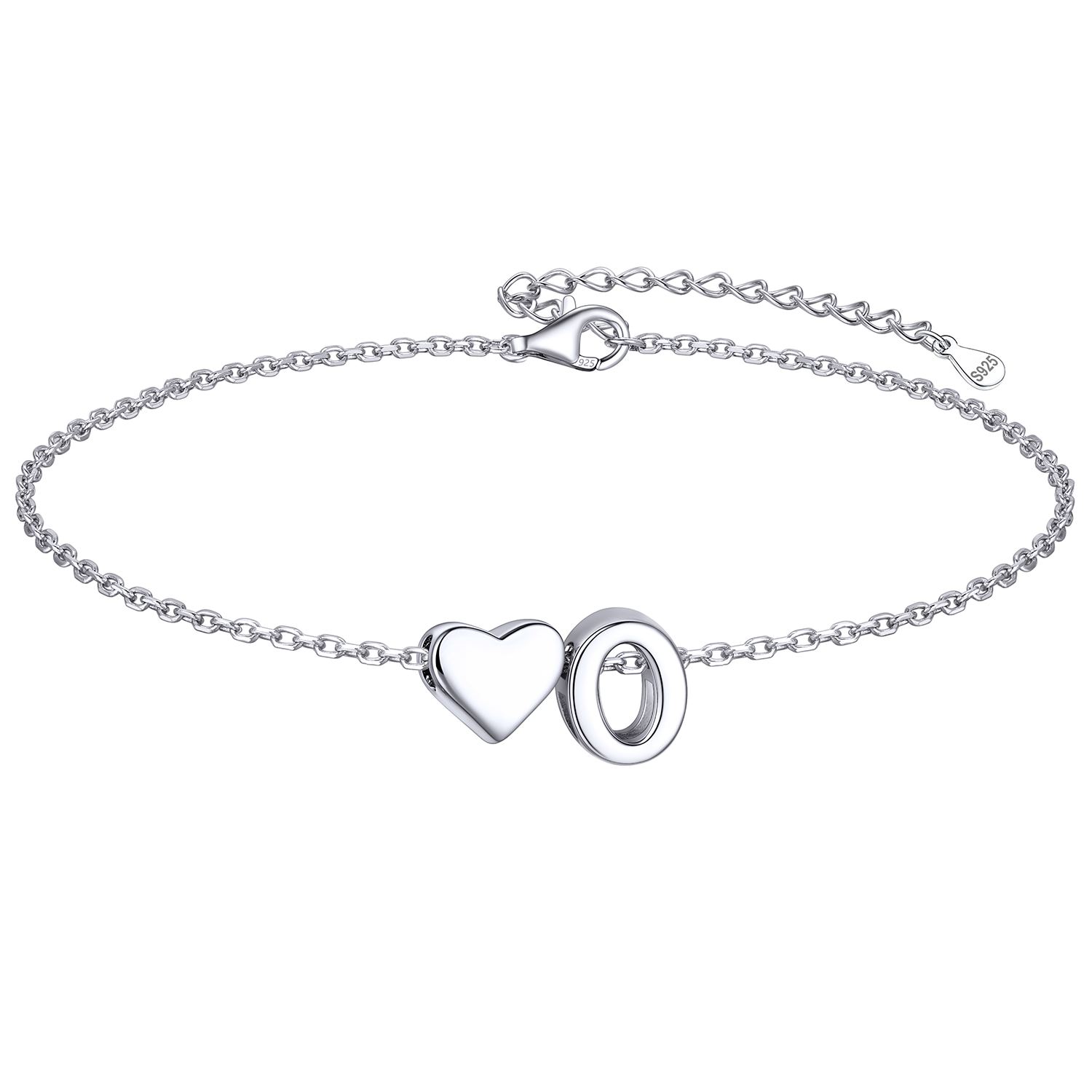 Classic Initial Letters O with Heart Bracelet, sterling silver jewlery, initial bracelet, gift idea