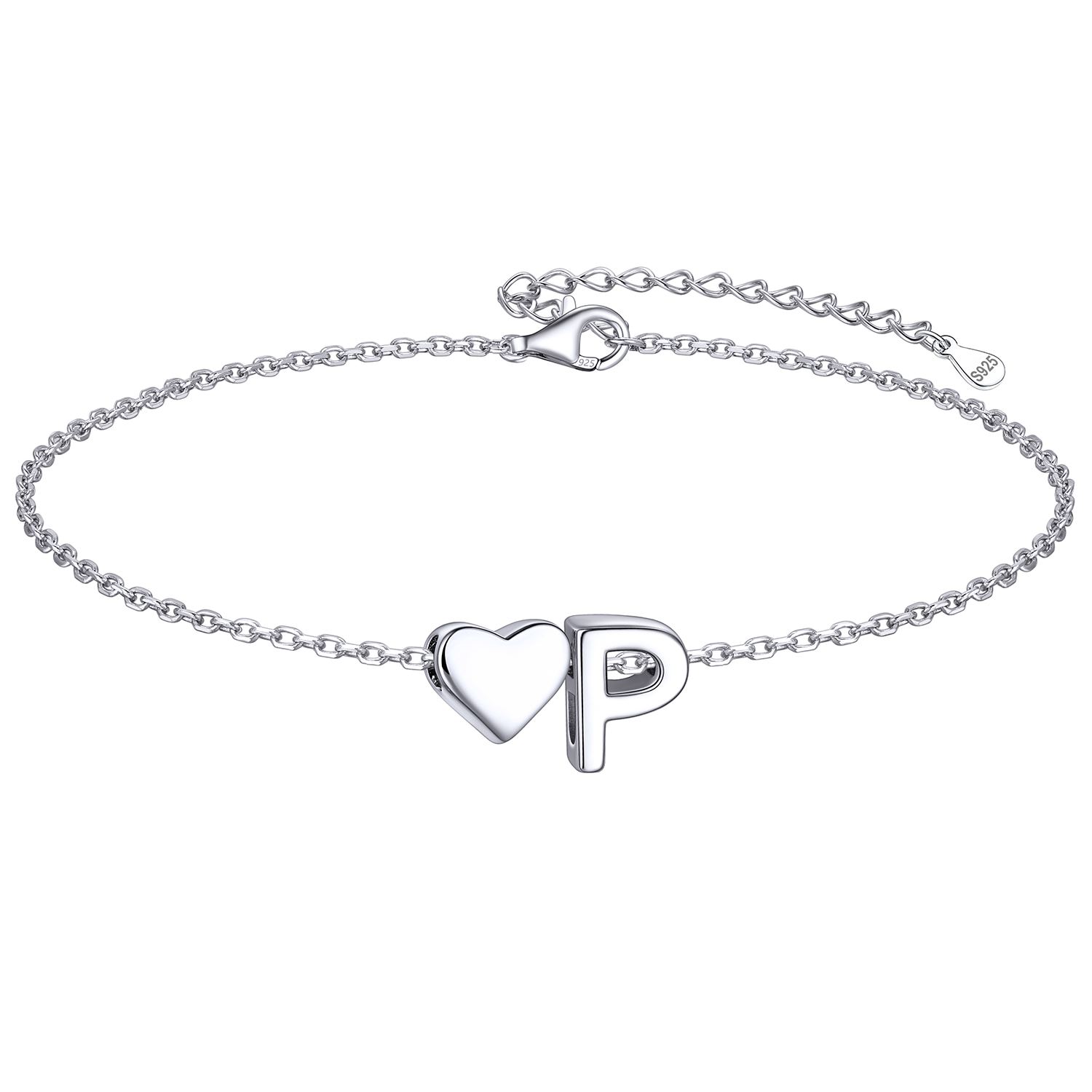 Classic Initial Letters P with Heart Bracelet, sterling silver jewlery, initial bracelet, gift idea