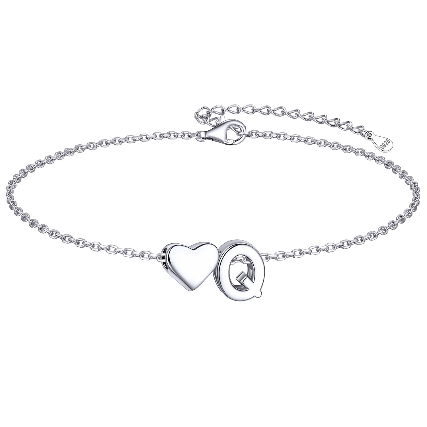 y-m❤️ページ Sterling Silver Classic Initial Letters with Heart Bracelet for Women