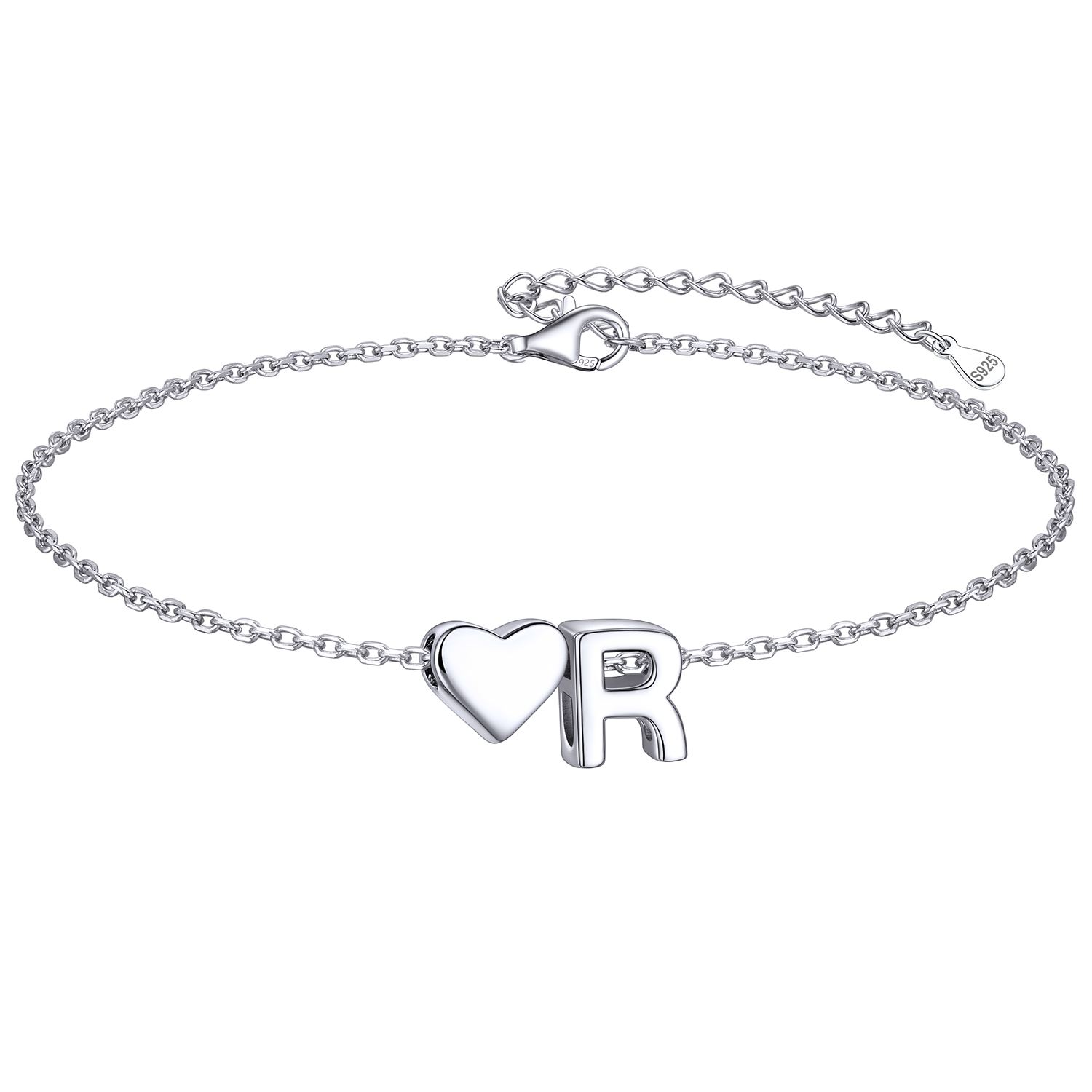 Classic Initial Letters R with Heart Bracelet, sterling silver jewlery, initial bracelet, gift idea