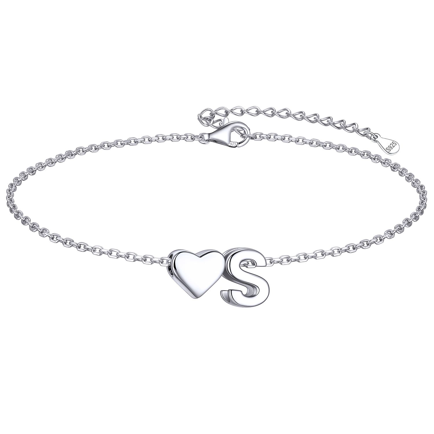 Classic Initial Letters S with Heart Bracelet, sterling silver jewlery, initial bracelet, gift idea