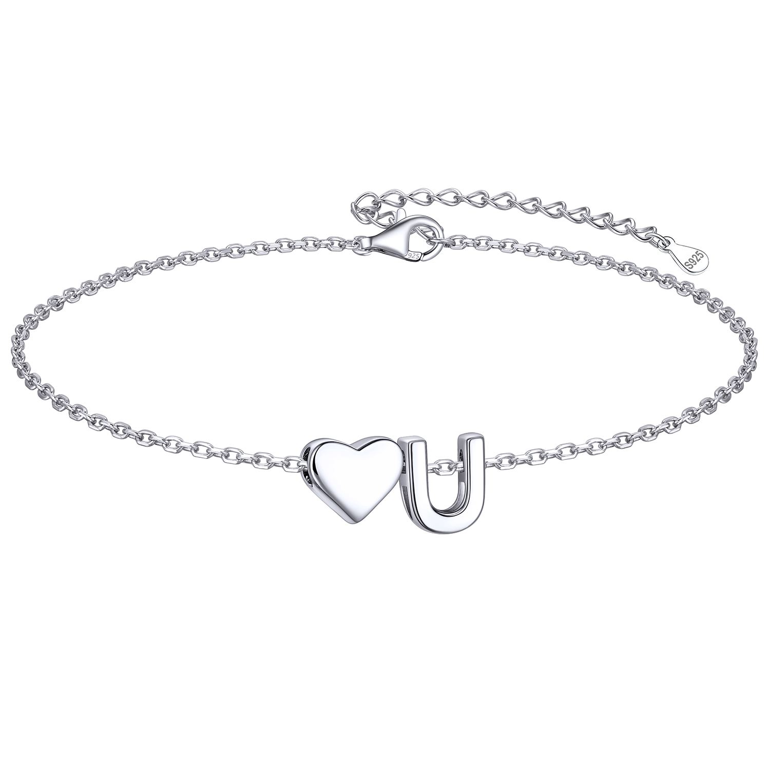 Classic Initial Letters U with Heart Bracelet, sterling silver jewlery, initial bracelet, gift idea