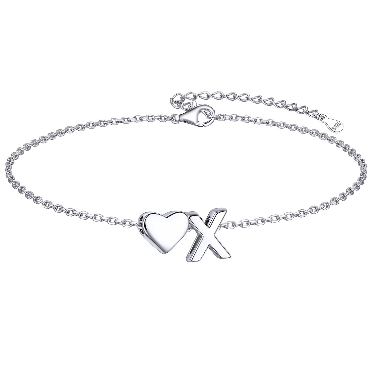 Classic Initial Letters X with Heart Bracelet, sterling silver jewlery, initial bracelet, gift idea