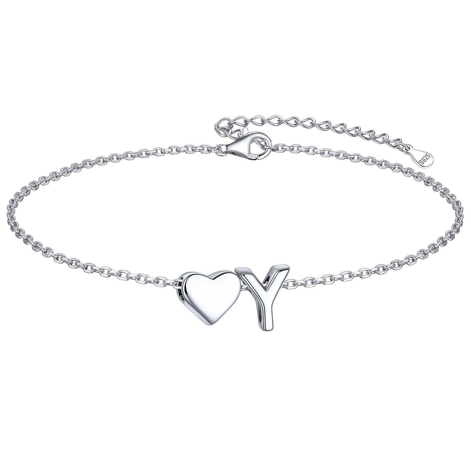 y-m❤️ページ Sterling Silver Classic Initial Letters with Heart Bracelet for Women