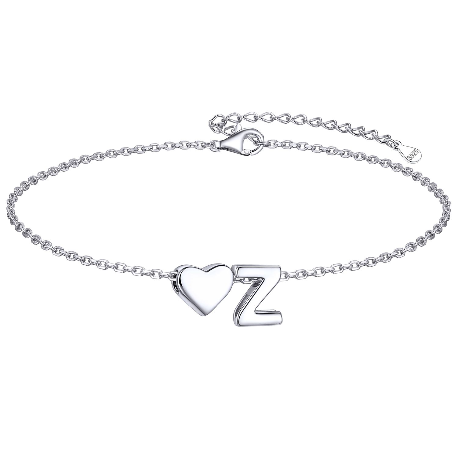 Classic Initial Letters Z with Heart Bracelet, sterling silver jewlery, initial bracelet, gift idea