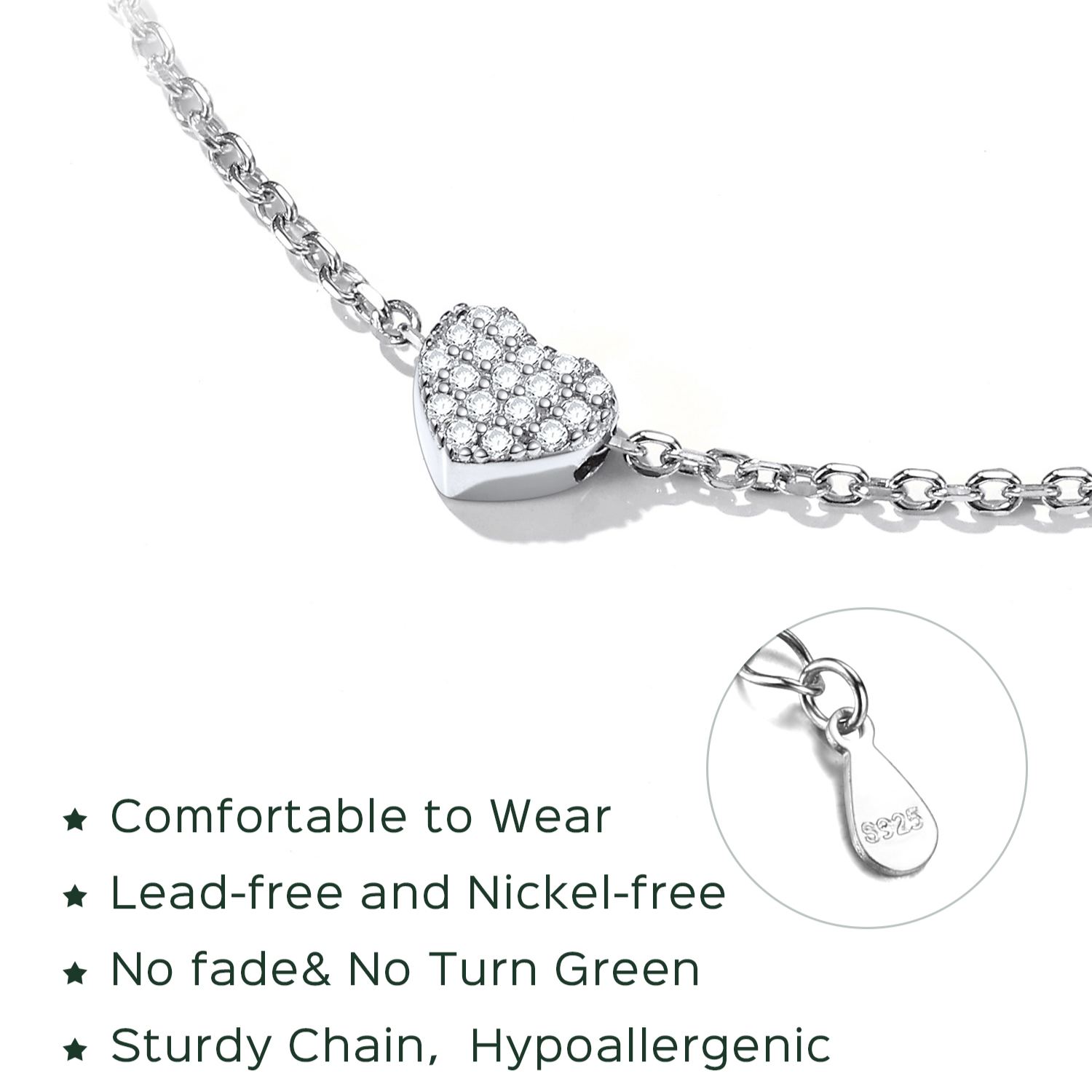 Sterling Silver ChicSilver Dainty Heart Hypoallergenic Pave Cubic Zirconia Bracelet Details: Dimensions, Hypoallergenic, Lobster-Claw-Clasps