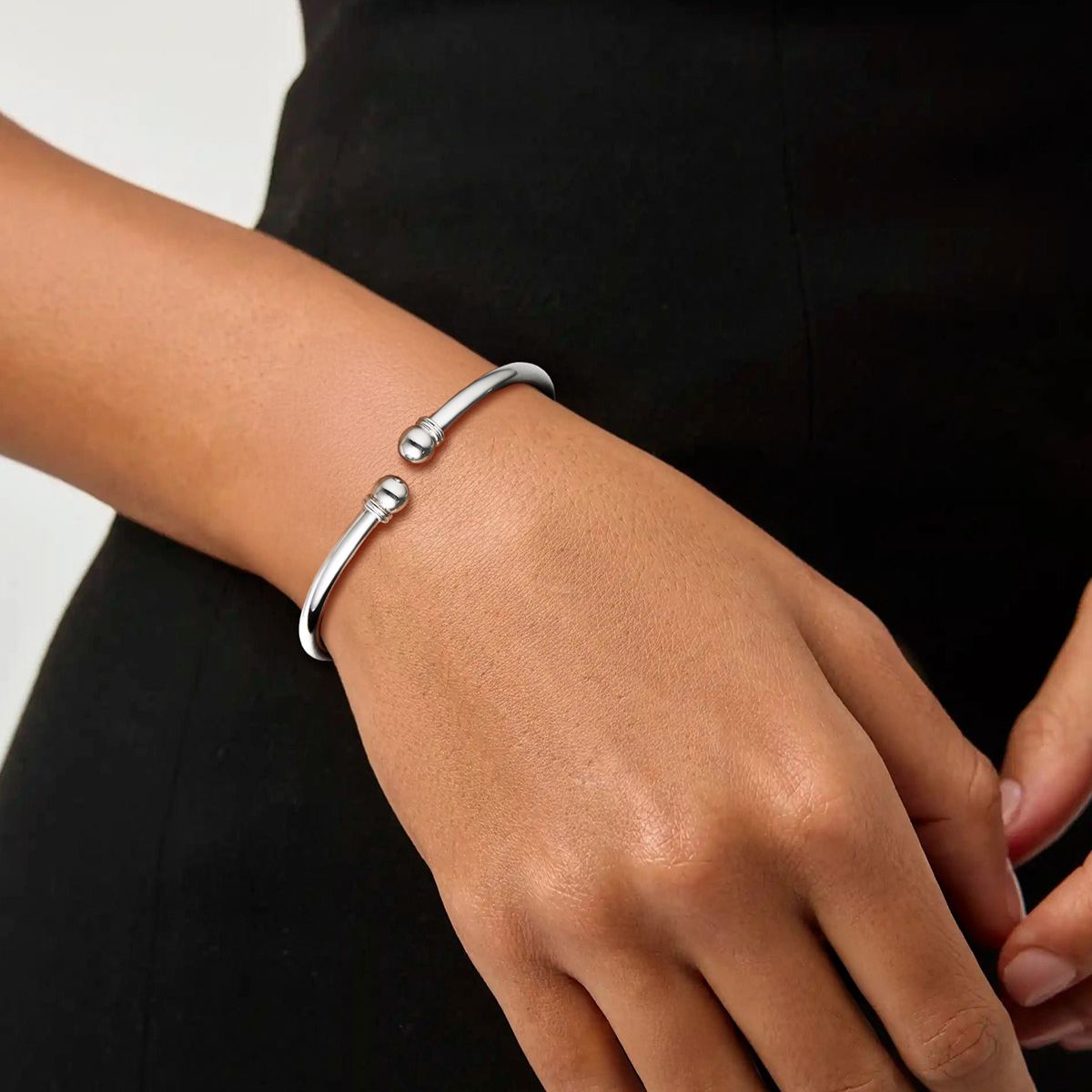 Two Bead Cuff Simple Open Silver Bangle Bracelet for Women, Ladies, Couples, girlfriend, wife