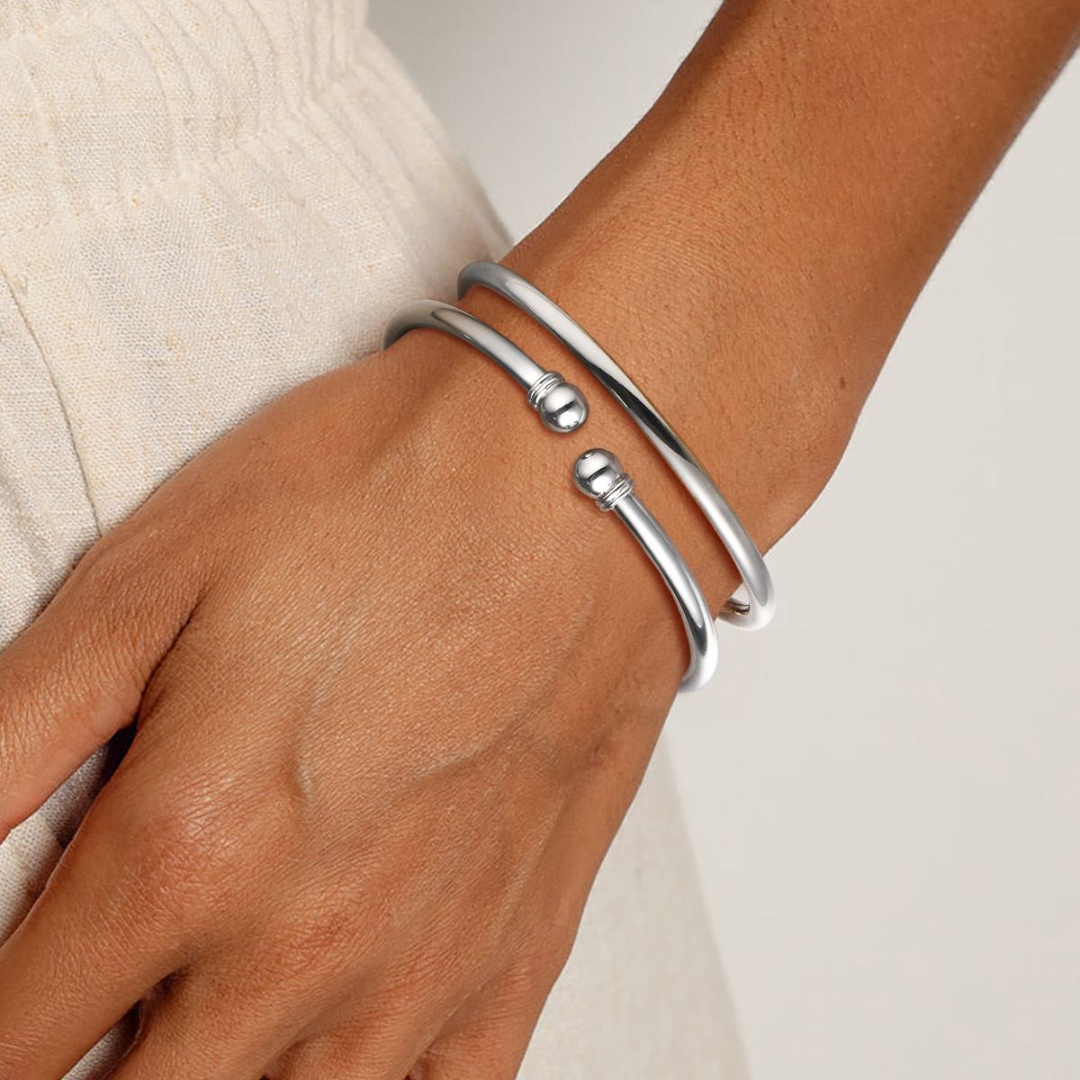 Two Bead Cuff Simple Open  Silver Bangle Bracelet for Women, Ladies, Couples, girlfriend, wife