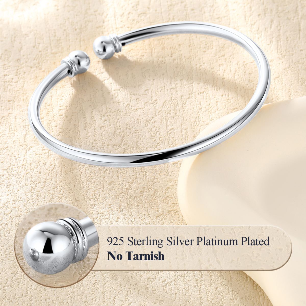 Sterling Silver ChicSilver Two Bead Cuff Simple Open Bangle Bracelet for Women, Ladies, Couples, girlfriend, wife