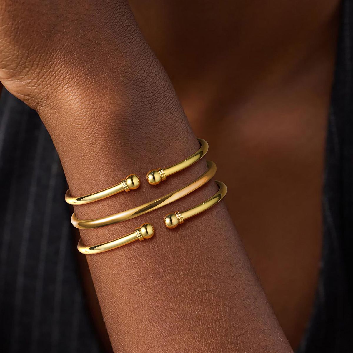 Two Bead Cuff Simple Open Gold Bangle Bracelet for Women, Ladies, Couples, girlfriend, wife