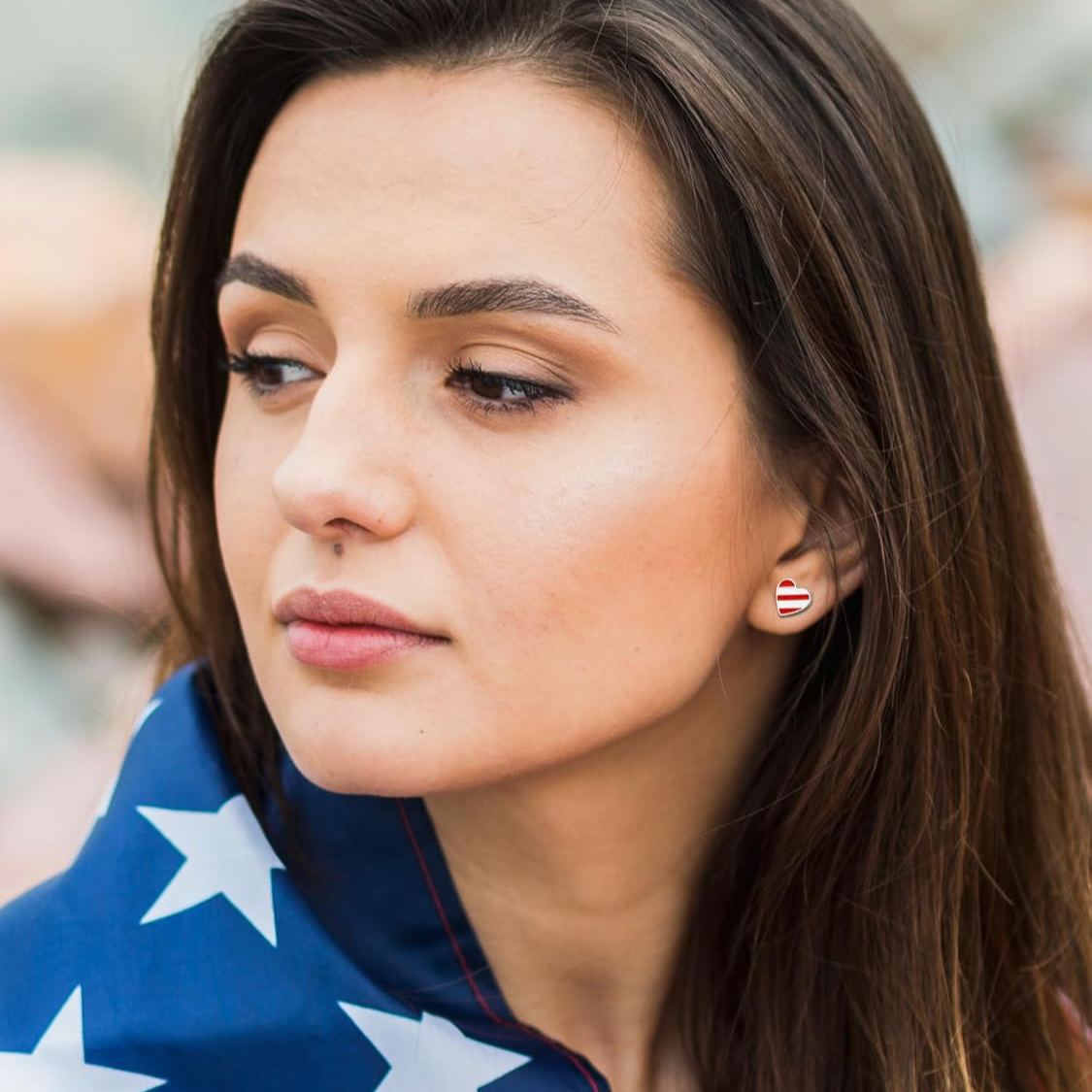 USA Flag Hearts & Stars Patriotic Independence Day Stud Earrings for Women