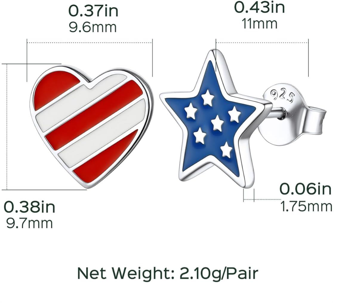 USA Flag Hearts & Stars Patriotic Independence Day Stud Earrings Details: Dimensions, Hypoallergenic, Lever Back.