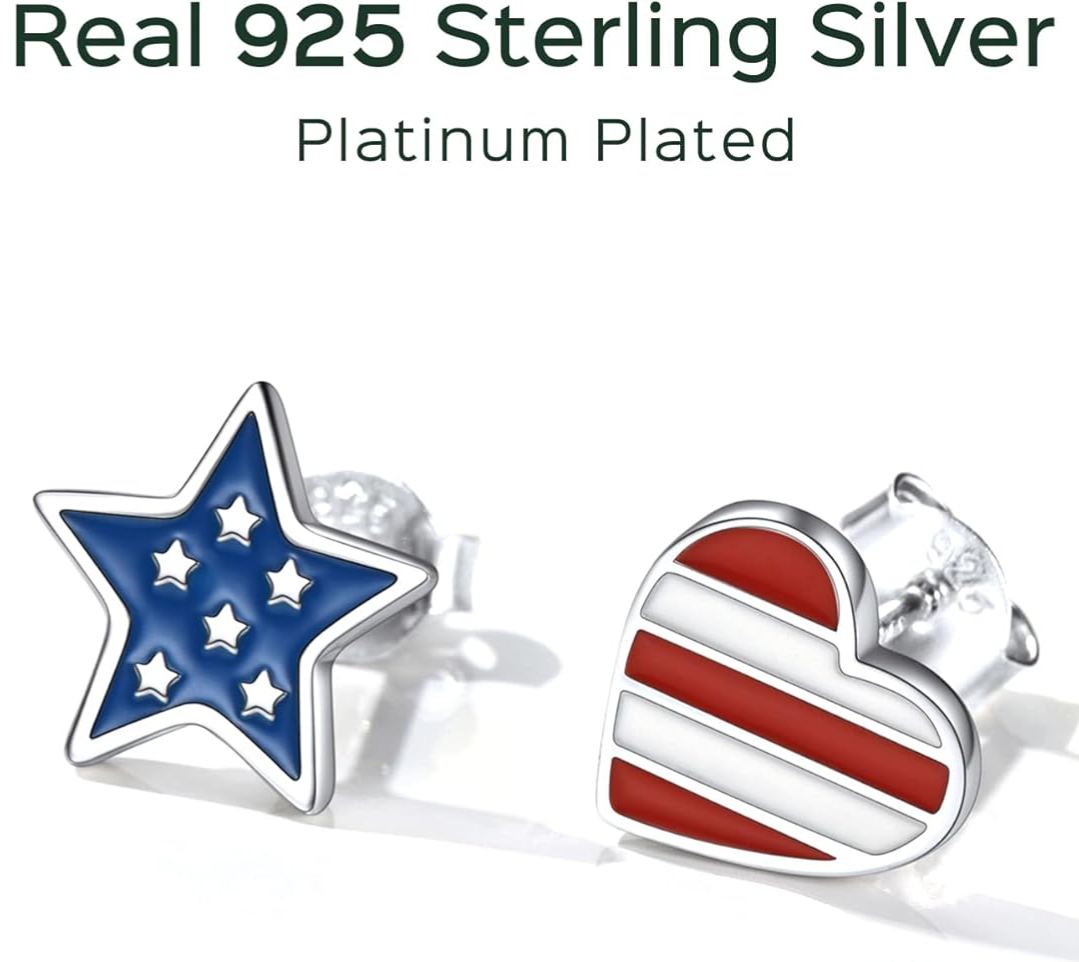Sterling Silver USA Flag Hearts & Stars Patriotic Independence Day Stud Earrings