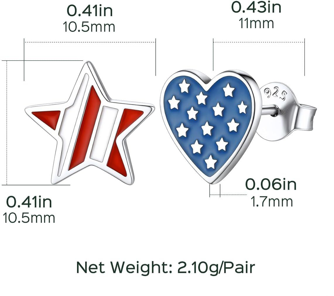 American Flag Stars and Hearts Patriotic Independence Day Stud Earrings Details: Dimensions, Hypoallergenic, Lever Back.