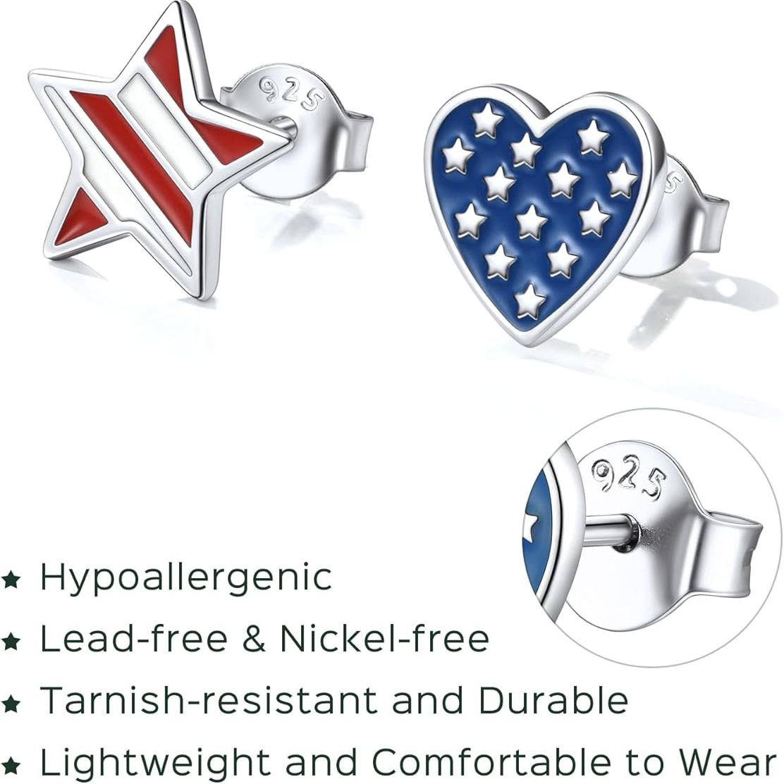 Sterling Silver American Flag Stars and Hearts Patriotic Independence Day Stud Earrings