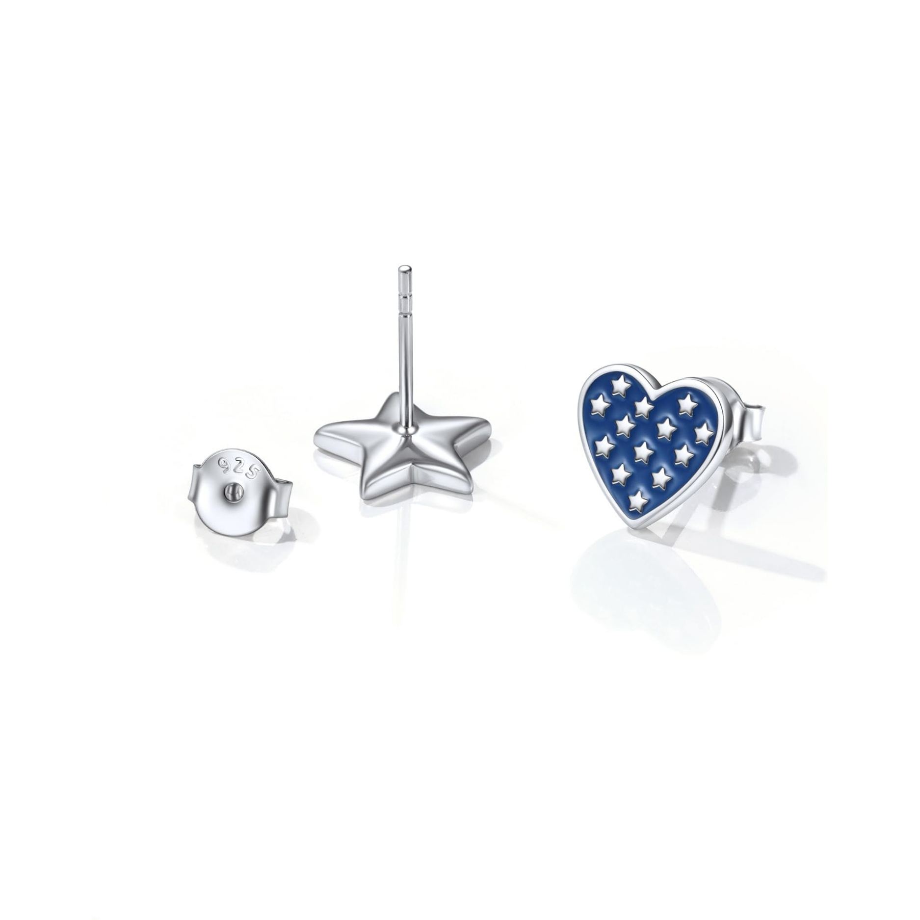 Sterling Silver American Flag Stars and Hearts Patriotic Independence Day Stud Earrings