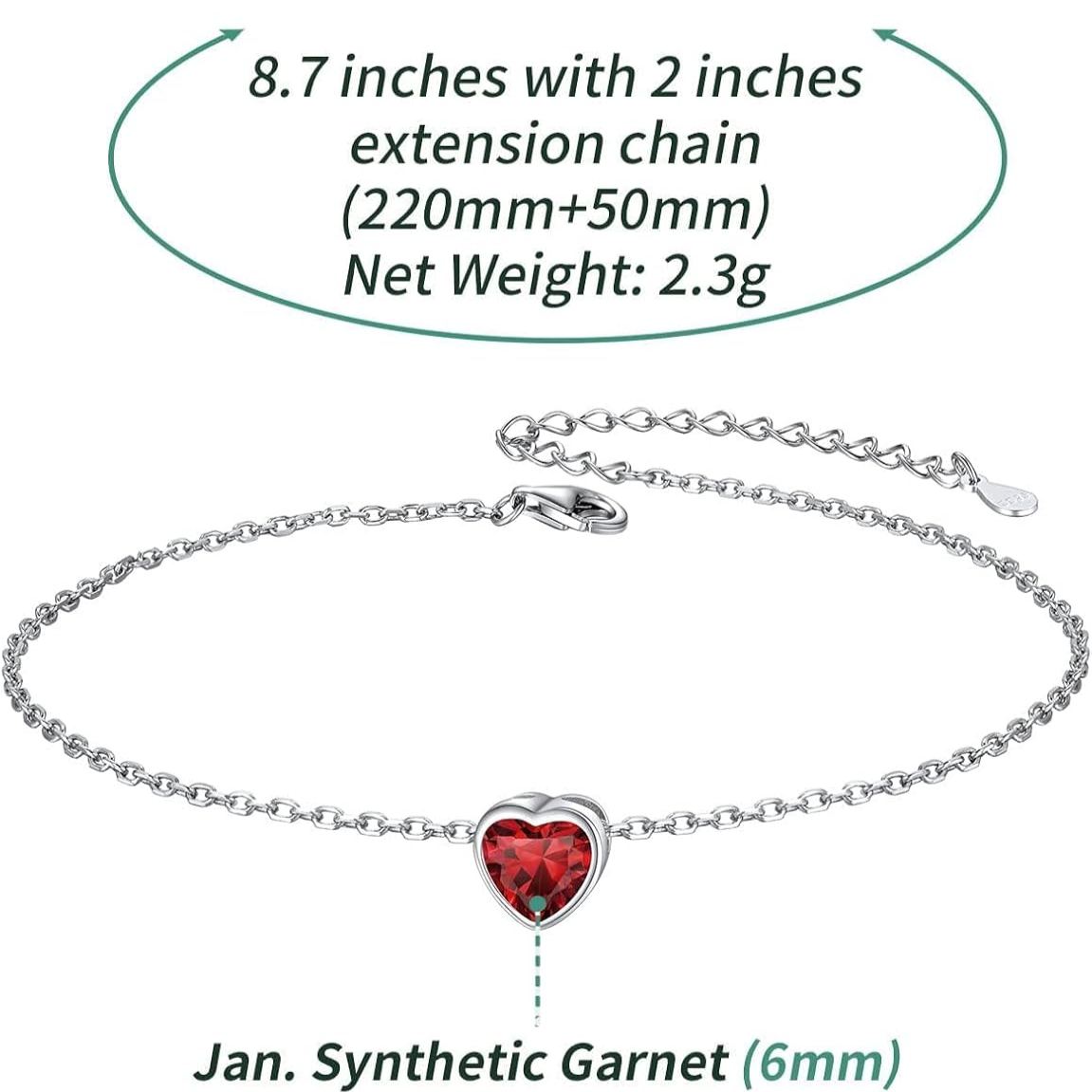 Bride Heart Birthstone Wedding Anklets Details: Dimensions, Hypoallergenic, Lobster-Claw-Clasps