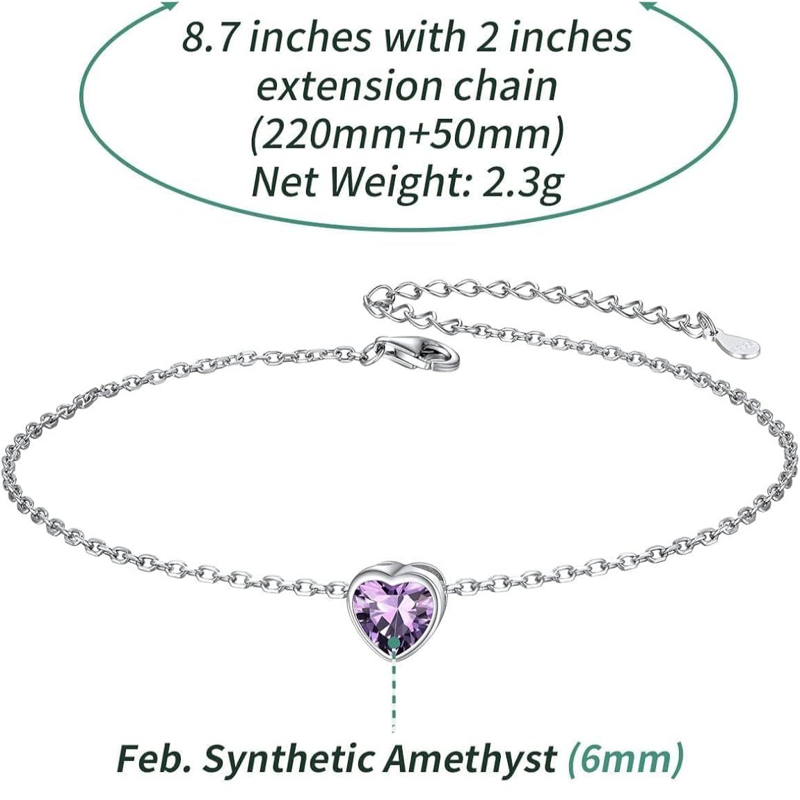 Bride Heart Birthstone Wedding Anklets Details: Dimensions, Hypoallergenic, Lobster-Claw-Clasps